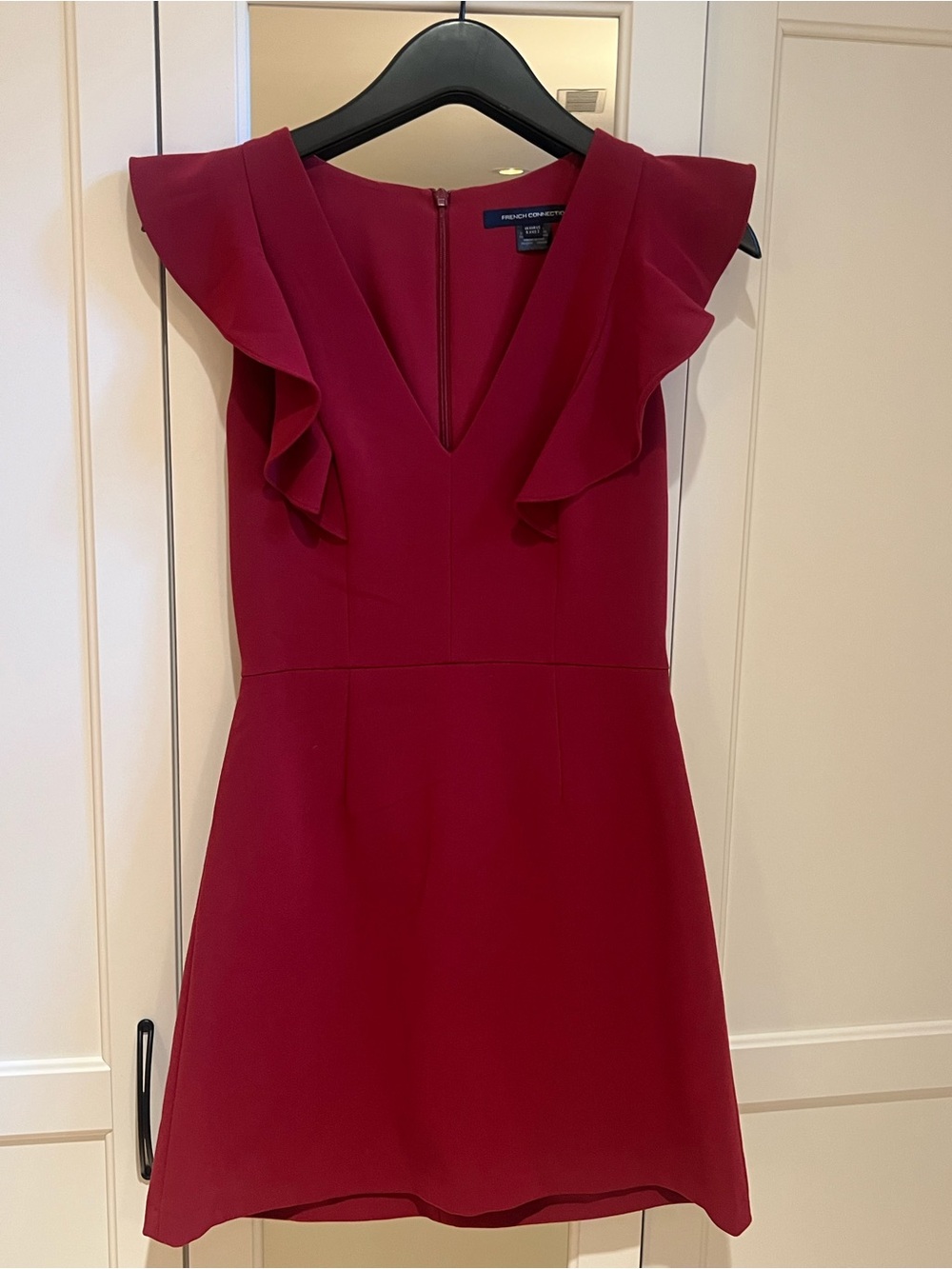 French Connection Wine Red Ruffle Sleeve Mini Dress